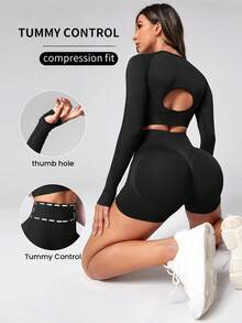 Women's Seamless High-Elastic Long-Sleeve Leggings Sports Basic Set, Versatile Outdoor Fitness Outfit - Black - View 3