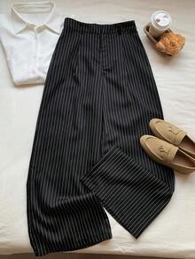 Pantalones casuales y versátiles de cintura alta con pierna ancha de unicolor - Negro 2 - Ver 4