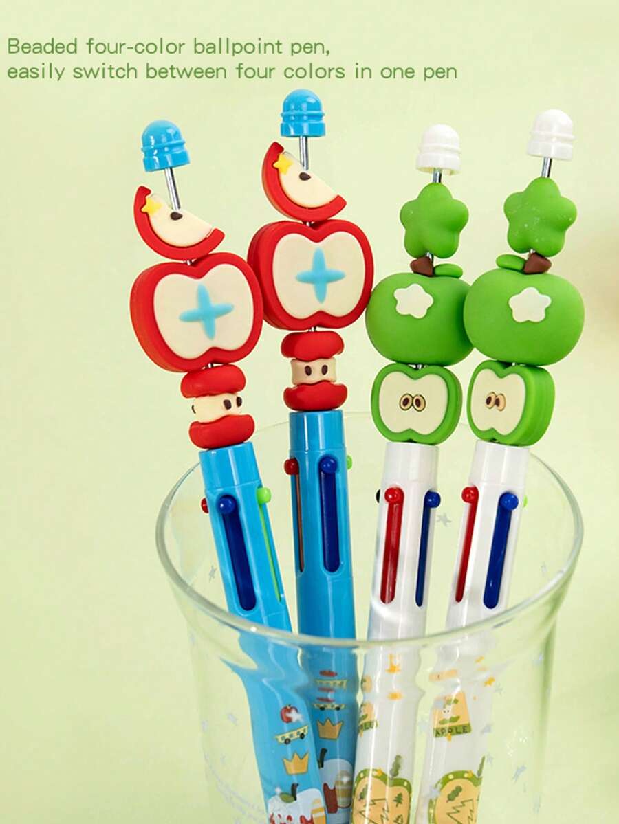 1pc Creative Multicolor Ballpoint Pen Set, Floral And Apple Pattern Ballpoint Pens, Providing 4 Colors For Various Uses, 0.7mm Smooth Writing, Student Stationery, Office Supplies, High Capacity Exam Writing Pen, Suitable For Note-Taking, Error Correction And Highlighting - Ballpoint Pen - View 1