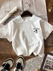 Women's Crew Neck T-Shirt, Double-Sided Wine Red Letter Print, Casual Sporty Style For Spring And Summer, Short Sleeves - White - View 2