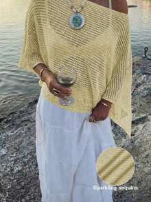 Elegante top de mujer de primavera/verano, de punto rosa, con cuello redondo, sólido, semitransparente, con capucha y detalles de lentejuelas calados, para uso casual, vacaciones y playa - Amarillo - Ver 11