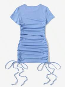 Vestido Casual de Encaje Drapeado con Textura de Canalé - Azul - Ver 2