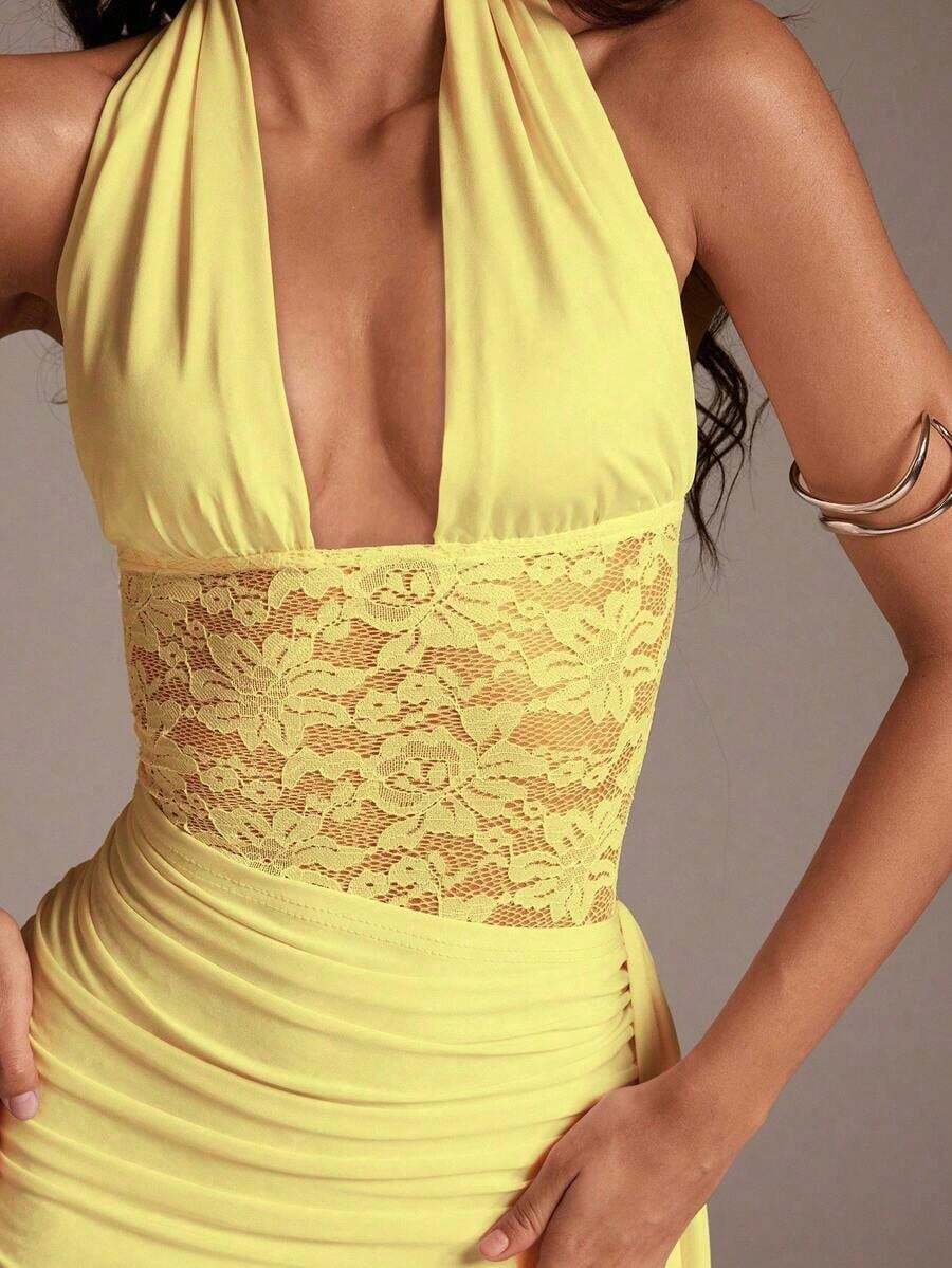 Vestido mini ajustado con escote en V profundo, parches de encaje y cintura con lazo para mujer, primavera/verano - Amarillo claro - Ver 1