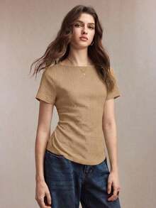 Nueva camiseta de punto texturizada con cuello de barco color café con leche, diseño de lazo ajustable en la cintura, versátil para la oficina, el transporte, los negocios, las ocasiones sociales, estilo Y2K - Marrón - Ver 3