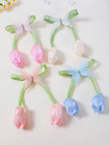 Set de 4 piezas de pasadores para el cabello con tulipanes brillantes, borlas, strass y moños de gasa para niñas, accesorios para el cabello de uso diario - Multicolor - Ver 5