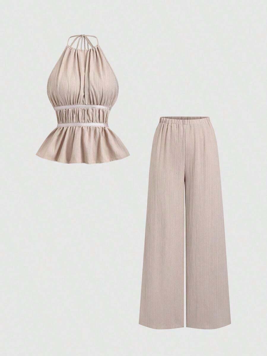 Conjunto de 2 piezas estilo francés relajado con camiseta sin mangas de cintura ceñida y pantalón ancho de pierna holgada, un conjunto de moda para mujeres - Caqui - Ver 1