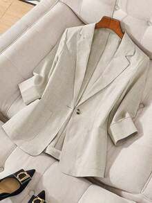 Blazer de lino de 3/4 de manga con cintura ajustable, diseño de botones, adecuado para ir al trabajo, eventos formales, fiestas elegantes, ropa de oficina - Primavera, Verano, Otoño - Caqui - Ver 1