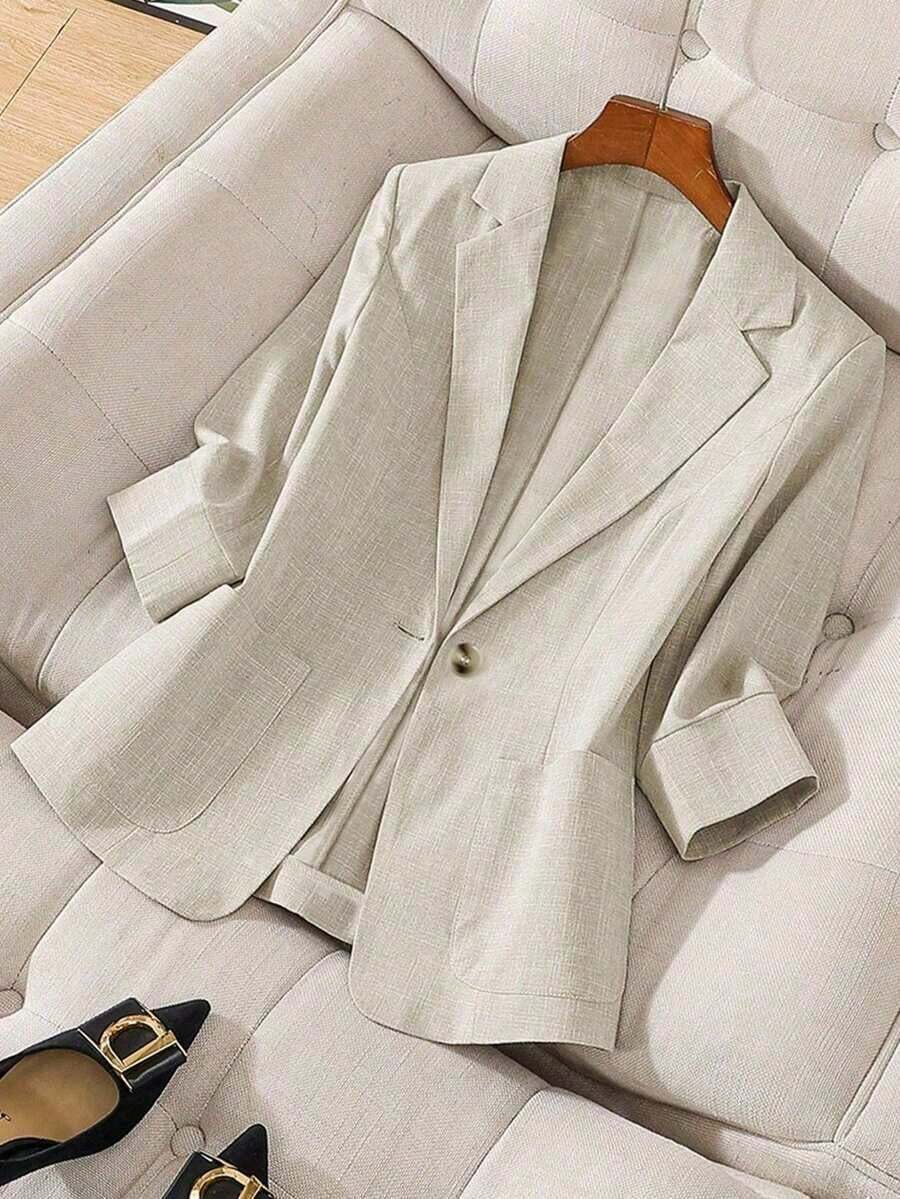 Blazer de lino de 3/4 de manga con cintura ajustable, diseño de botones, adecuado para ir al trabajo, eventos formales, fiestas elegantes, ropa de oficina - Primavera, Verano, Otoño - Caqui - Ver 1