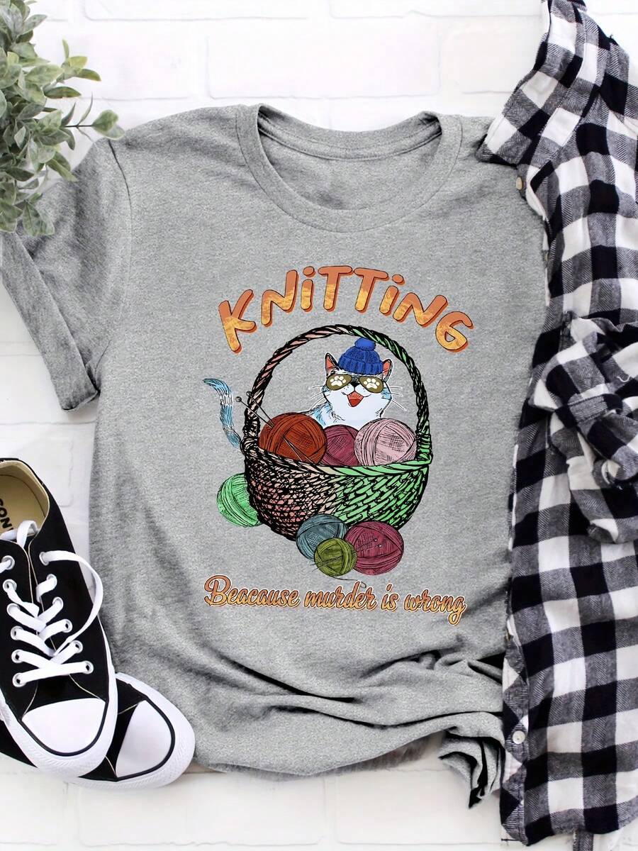 Women's Casual Knit T-Shirt Featuring A Cute Cat And Yarn Basket Design - Perfect For Animal Lovers, Suitable For Everyday Wear And As A Gift. | Fun Prints | Comfortable And Well-Fitting, A Pretty T-Shirt. 2YUK - 淺灰色 - 查看 1