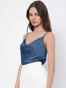 Top de satén sin mangas para mujer, elegante y romántica de unicolor, para uso casual y de negocios, adecuada para oficina, diario, otoño - Azul marino 2 - Ver 4