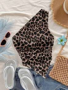 Top de bandeau asimétrico con estampado de leopardo y nudo, estilo playero, adecuado para el verano y la playa - Café integral - Ver 11