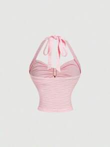 Set de 2 piezas de top halter y minifalda de jacquard para mujer, conjunto de falda y top blanco, ropa de otoño para mujer, atuendo para fiesta, boda, salida, conjunto elegante de mujer, conjunto chic de mujer, ropa de campo para mujer - Rosa 3 - Ver 6