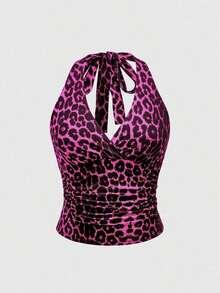 Punk Parte superior con estampado de leopardo y cuello de halter para mujer, escuela - Rosa Fucsia 2 - Ver 5