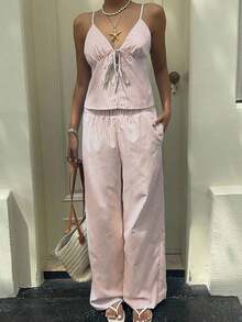 Conjunto informal de 2 piezas con top de tirantes con nudo delantero y rayas y pantalones para mujer - Rosa vieja - Ver 8