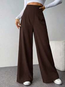 Pantalones anchos de cintura alta con textura, de moda minimalista y casual, ideales para volver al colegio - Marrón - Ver 3