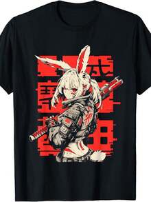 Camiseta EWH para Hombre Estilo Anime Conejo - Texto y Detalles Rojos Harajuku Techwear, Camiseta Holgada de Estilo Urbano con Estampado de Personajes, Camisa Casual Duradera y Cómoda, Adecuada para Uso Diario (Negro) - Negro - Ver 1