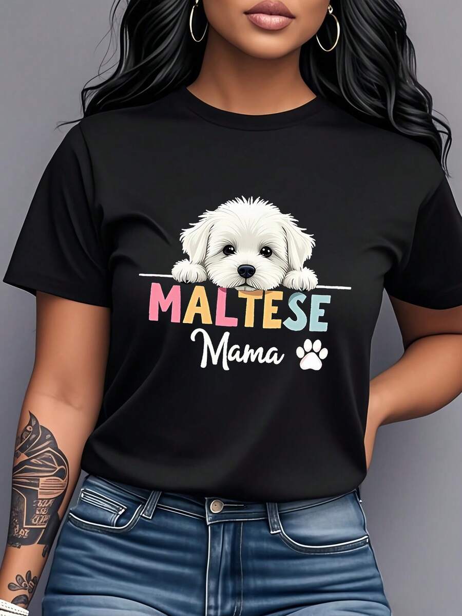 Women's Short-Sleeved, Crew-Neck T-Shirt Made Of Pure Cotton, Featuring A Cute Cartoon Maltese Dog Print. This Versatile Top Showcases The Personality Of Dog Lovers. Casual And Versatile, It's Perfect For Everyday Wear, Gatherings With Friends, Pet-Themed Events, And Makes An Ideal Gift For Any Dog Enthusiast. - 黑色 - 查看 1