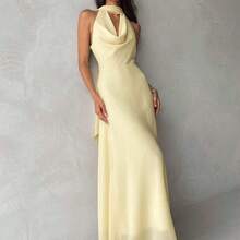 Women's Yellow Draped Neck A-Line Flowy Tie Back Dress,Summer Dresses For Women - Rosa Pálido - Ver 4