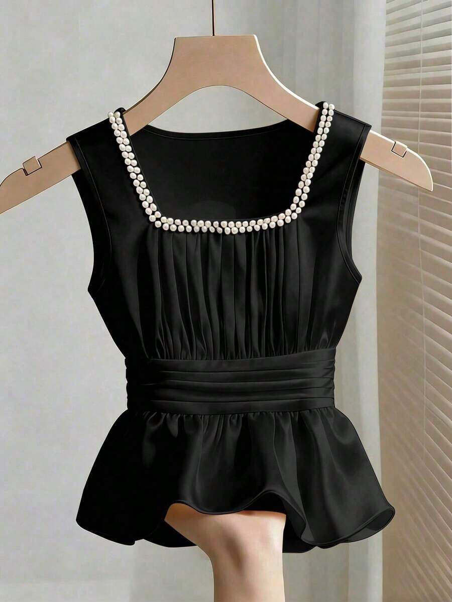 Blusa ajustada sin mangas con cuello y detalles de perlas falsas para mujer - Negro - Ver 1