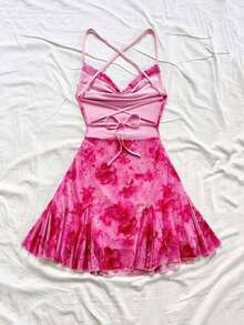Vestido mini de mujer para vacaciones con tirantes finos, escote pronunciado, espalda descubierta, lazo, bajo estilo sirena, estilo romántico, vestido mini para pausas de té, caminatas al aire libre, citas, atuendo de playa, malla, joven y feme - Multicolor - Ver 2