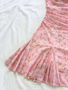Vestido mini de mujer para vacaciones con tirantes finos, escote pronunciado, espalda descubierta, lazo, bajo estilo sirena, estilo romántico, vestido mini para pausas de té, caminatas al aire libre, citas, atuendo de playa, malla, joven y feme - Rosa - Ver 6