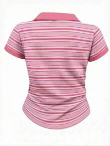 Camiseta de manga corta minimalista de unicolor para mujer, uso casual de todos los días - Rosa Pálido - Ver 2