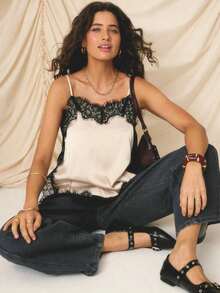-E Elegante conjunto de vacaciones para mujer con top de tirantes finos, ajuste ceñido, de satén beige con ribete de encaje - Multicolor - Ver 5