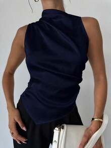Blusa de satén con cuello plisado, sin mangas, elegante y minimalista para oficina, con dobladillo puntiagudo - Azul marino 2 - Ver 2