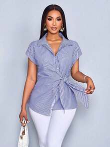 Camisa con botones y estampado de rayas para mujer, blusa casual y elegante con lazo delantero con estampado de rayas - azul real - Ver 6