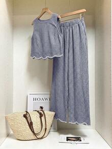 Frenchy Conjunto de 2 piezas de top sin mangas de cuello redondo a cuadros y pantalones para mujer - Azul marino - Ver 4