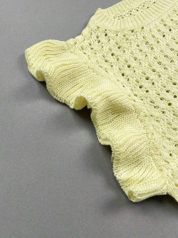 Blusa de mujer de punto a rayas sin mangas, blusa ligera de cuello redondo con volante en el bajo de manga corta, color negro - Amarillo - Añade 10