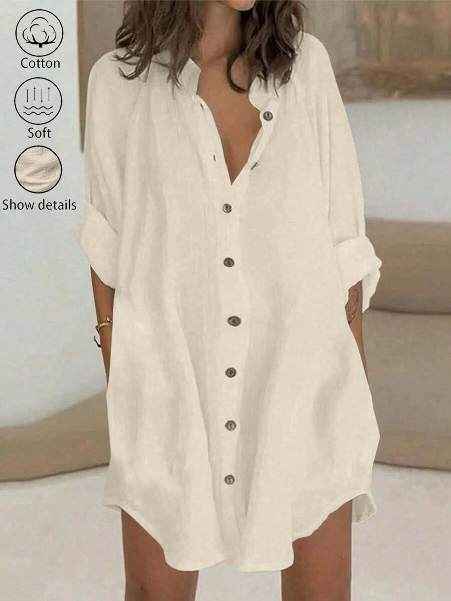 LUNE Vestido camisero casual de mujer de un solo abotonado, unicolor, con mangas enrollables y corte holgado - amarillo ganso - Ver 1