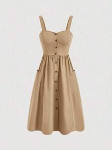 Vestido casual de tirantes con bolsillo y diseño de botones de unicolor para mujer - Camel - Ver 1