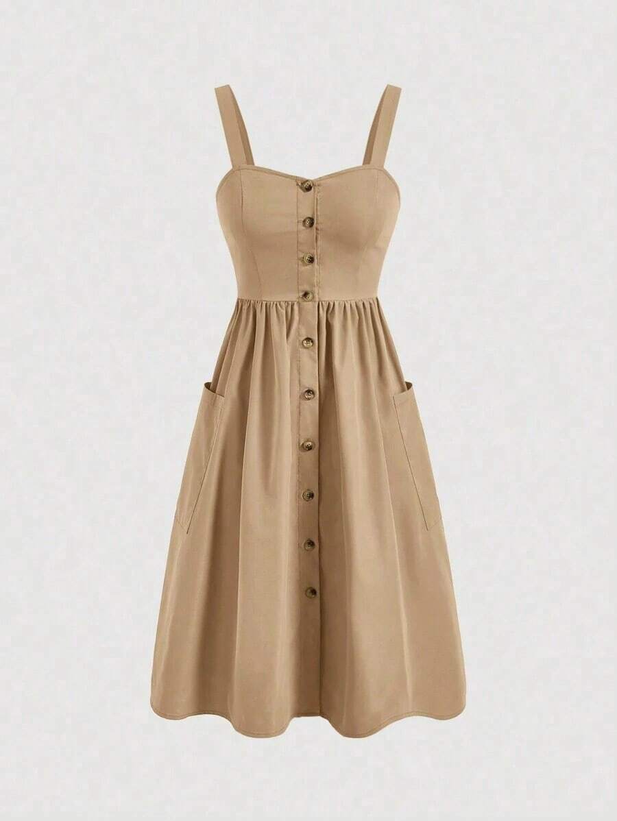 Vestido casual de tirantes con bolsillo y diseño de botones de unicolor para mujer - Camel - Ver 1