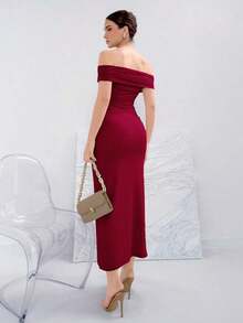 Vestido elegante de punto con hombros descubiertos de unicolor para banquetes - Burdeos - Ver 2