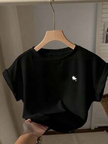Camiseta de manga corta, cuello redondo, corte holgado y estampado de caballo minimalista y casual en azul marino, adecuada para el verano - Multicolor - Ver 7