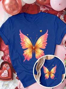 Classic Plus Size Women's Clothing, Pink And Gold Butterfly Wing Print T-Shirt - Cute Short Sleeve Crew Neck T-Shirt For Valentine's Day, Casual Shirt For Summer And Autumn, Ideal Gift For Women At Christmas And New Year (Machine Washable) Best Seller - 藍色 - 查看 7