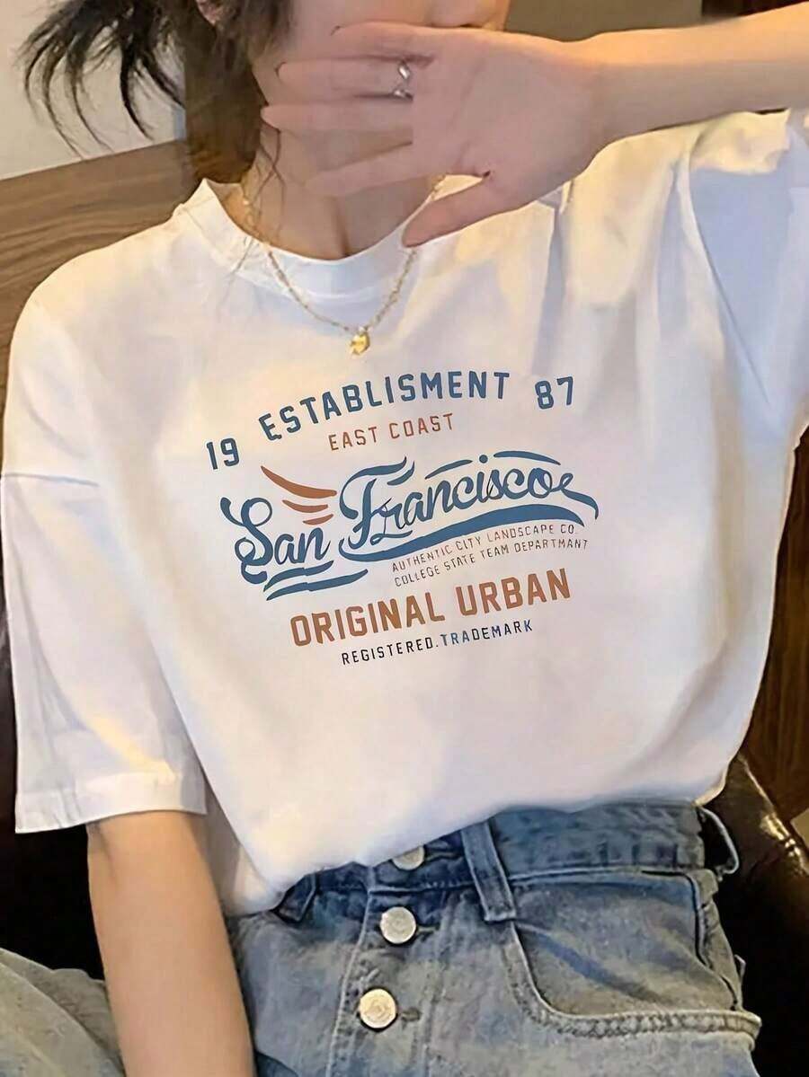 SummerCamiseta de Mujer con Estampado San Francisco - Camiseta Casual de Manga Corta, Material Suave, Lavable aáquina, Adecuada para Todas las Temporadas, Ropa Casual, Estilo Urbano, Camiseta Lavable aáquina, Ropa Casual, Camiseta de Estilo Urbano, Camiseta Casual de Manga Corta CACUFashion All-match Women's Short Sleeve T-shirt, Basic Style for Inner & Outer Wear - Blanco - Ver 1