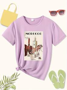 Limited Edition Women's T-Shirt With Moroccan Street Scene Print - Casual Breathable Crew Neck Design, Travel Inspired, Machine Washable, Comfortable Fit, Stylish Top, Medium Stretch Fabric, Modern Style, Comfortable Material, Printed Top, Excellent Gift Choice, Lightweight Cotton. - 淺 - 查看 4