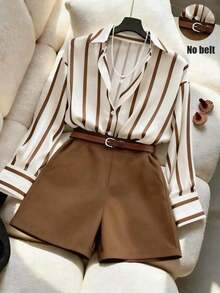 Conjunto de camisa holgada con rayas y pantalones cortos de talle alto en azul marino, conjunto de vestir minimalista y elegante para primavera/verano - Café integral - Ver 1