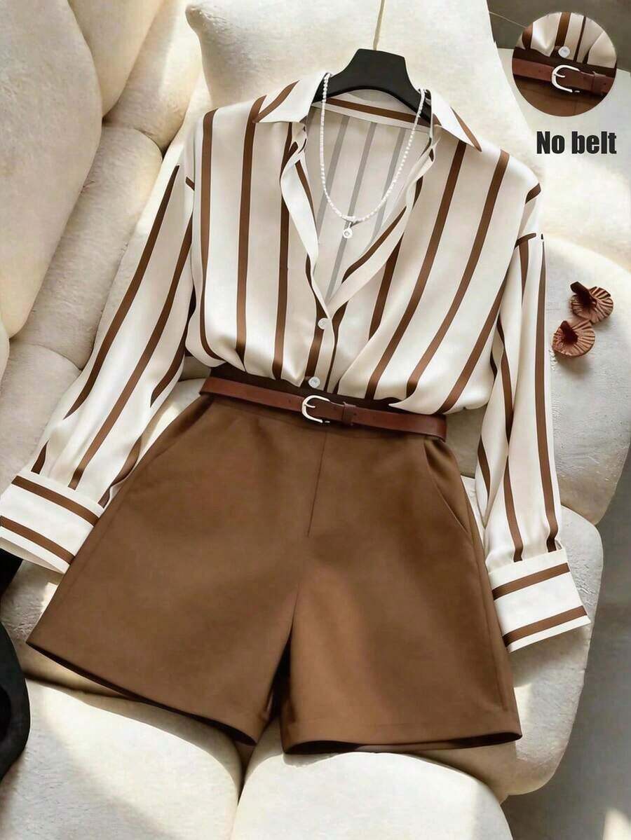 Conjunto de camisa holgada con rayas y pantalones cortos de talle alto en azul marino, conjunto de vestir minimalista y elegante para primavera/verano - Café integral - Ver 1