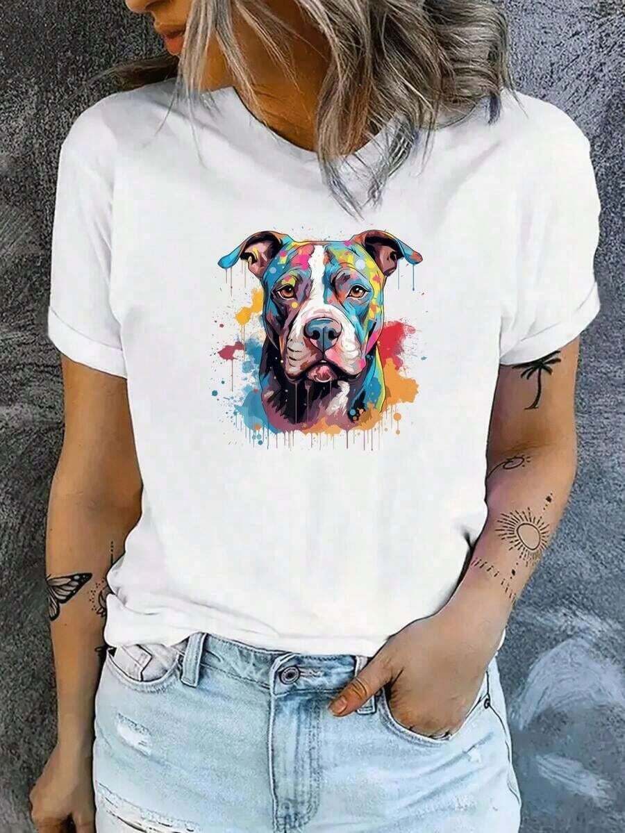 Camiseta GiftGift para mujer con estampado de Pit Bull Arcoíris, ideal para mujeres amantes de los animales, estilo veraniego informal y a la moda, estilo verano 2023, suave y cómoda. - Blanco - Ver 1