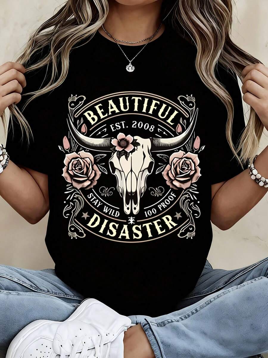 Beautiful Disaster T Shirt White Crew Neck Graphic Print With Bull Skull And Roses Design - Black - View 1