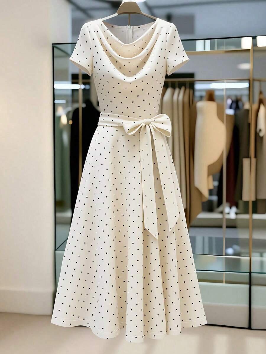 Vestido corto de manga corta de estilo minimalista y romántico para uso diario y casual, con cuello con volantes, lazo en la cintura y estampado de lunares al estilo francés, para primavera/verano - Albaricoque - Ver 1