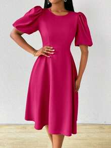 Vestido verde de manga abullonada larga, cuello en V, cintura recogida y bajo acampanado, para primavera y verano - Rosa Fucsia - Ver 6