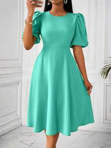 Vestido verde de manga abullonada larga, cuello en V, cintura recogida y bajo acampanado, para primavera y verano - verde menta - Ver 8