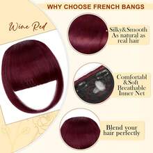 Clip In French Bangs With Temples |   Natural Curved Faux Bangs Hair Extensions For Women Daily Wear - Wine Red - View 3