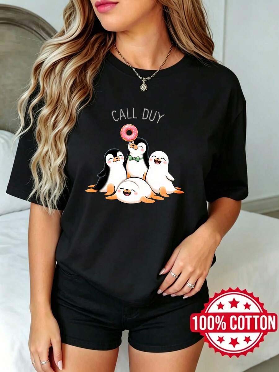 Camiseta negra de manga corta con cuello redondo y estampado para mujer de verano casual Llama al deber Pingüinos Donut Drsión S-3XL moda 100% aodón