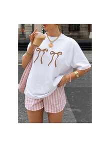 YOCASA Camiseta informal de verano para mujer, de cuello redondo, ajustada y manga corta, con estampado de pintura al óleo, floral, de corazones, de cerezas y de letras. Tejido informal sencillo, estilo deportivo, ideal para el día a día y para una cita de San Valentín..1 pcs,180g Pure Heavy,95%Polyester 5%Spandex - Blanco - Ver 7