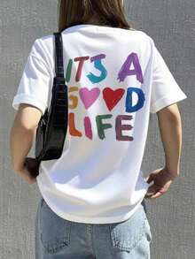 Women's White Short Sleeve T-Shirt, 100% Cotton, With Colorful Letter And Heart Print "It's A Good Life", Cheerful Casual Style, Comfortable And Breathable For Everyday Wear And Versatile Combinations - 白色的 - 查看 7